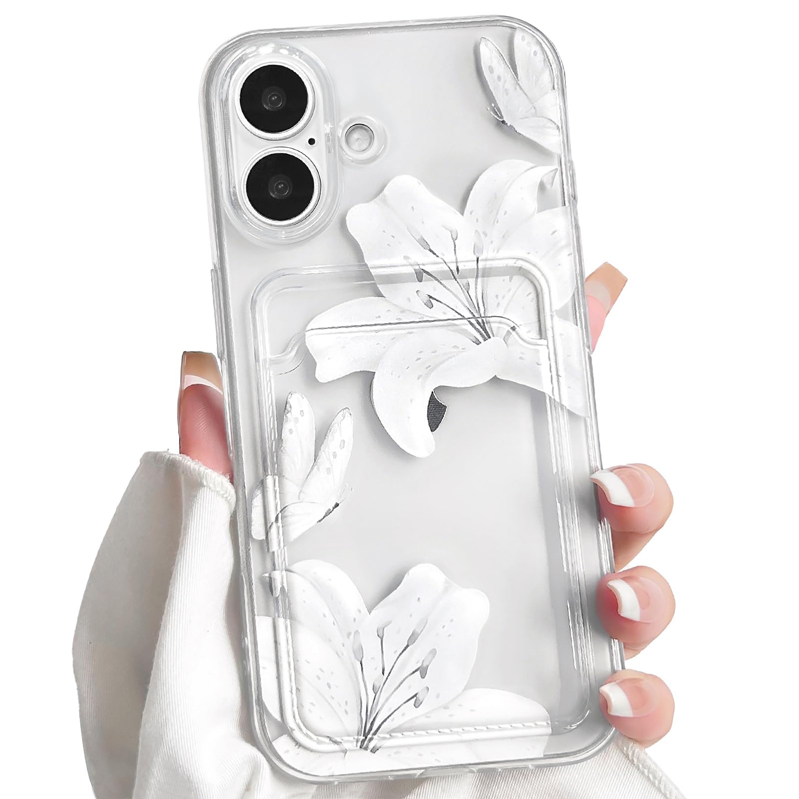 NITITOP Compatible for iPhone 17 Case with Card Holder Clear Cute Floral Lily Flowers Butterfly for Women Girls Soft TPU Shockproof Wallet Case Protective Phone Cover - White