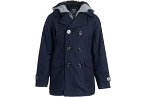 URBAN REPUBLIC Boys Hooded Peacoat - Warm Wool Blend Faux Fur Lined Winter Coat - Double Breasted Hooded Dress Coat for Boys