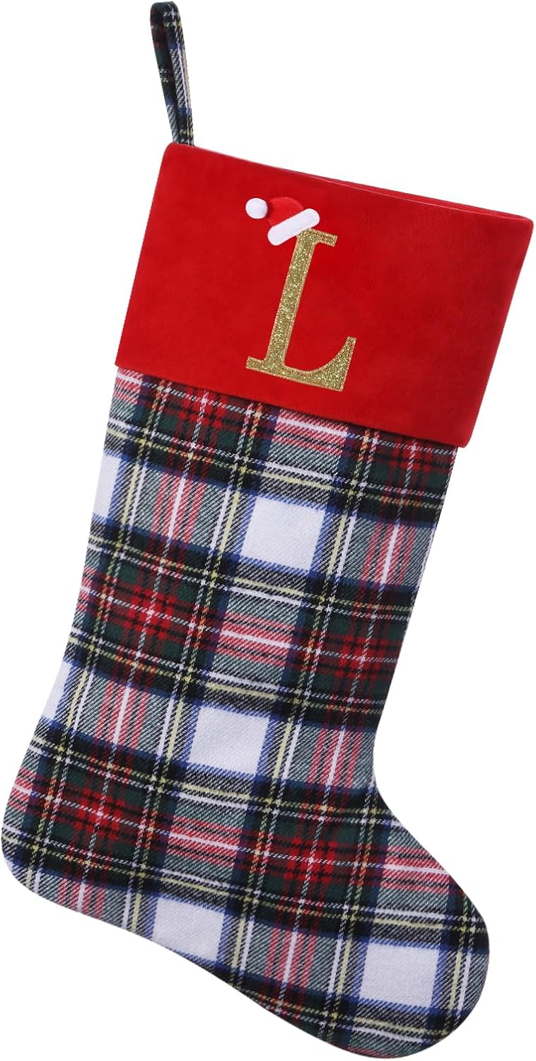 Stockings & Holders - Yehnois Initial Monogram Personalized Christmas Stocking,Hanging Ornaments,19 inch Classic Red Plaid Stockings Christmas Holiday Party Decorations（L）