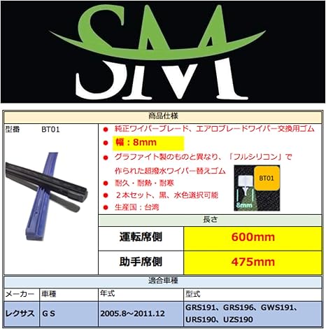 Amazon Sm超撥水シリコンワイパー替えゴム 幅8mm レクサス車 Gs Grs191 Grs196 Gws191 Urs190 Uzs190 用 600mm 475mm 2本セット車用 ワイパー 純正ワイパーブレード エアロブレードワイパー デザインワイパー交換用 車種専用セット Bt01 水色 ワイパーゴム 車