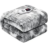 PTQ Electric Heated Blanket 62"x84",Luxury Grey Twin Faux Rabbit Fur Electric Blanket,Fast Heating Soft Fluffy Thick Electric Blanket with 6 Heating Levels & 12H Auto Off