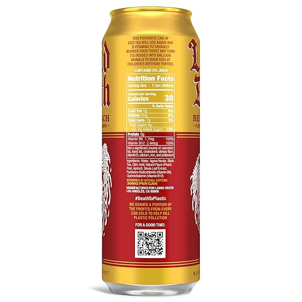LIQUID DEATH, REST IN PEACH ICED TEA, 8-PACK (19.2OZ CANS), PEACH FLAVORED BACK TEA, LOW CALORIE, NO ARTIFICIAL SWEETENERS, B12 & B6 VITAMINS