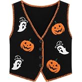 CIDER Womens Halloween Pumpkin Ghost Sweater Vest | V Neck, Button Front, Contrast Edging, Medium Stretch Seasonal Layer