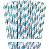 Shuiniba Biodegradable Striped Paper Straws,Paper Drinking Straws for Party, Events and Crafts,Baby Shower Decorations 7.75 Inches,100 Packs - Light Blue White - Striped
