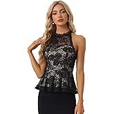 Allegra K Peplum Lace Tops for Women's Ruffled Sheer Cocktail Sleeveless Halter Tank Top