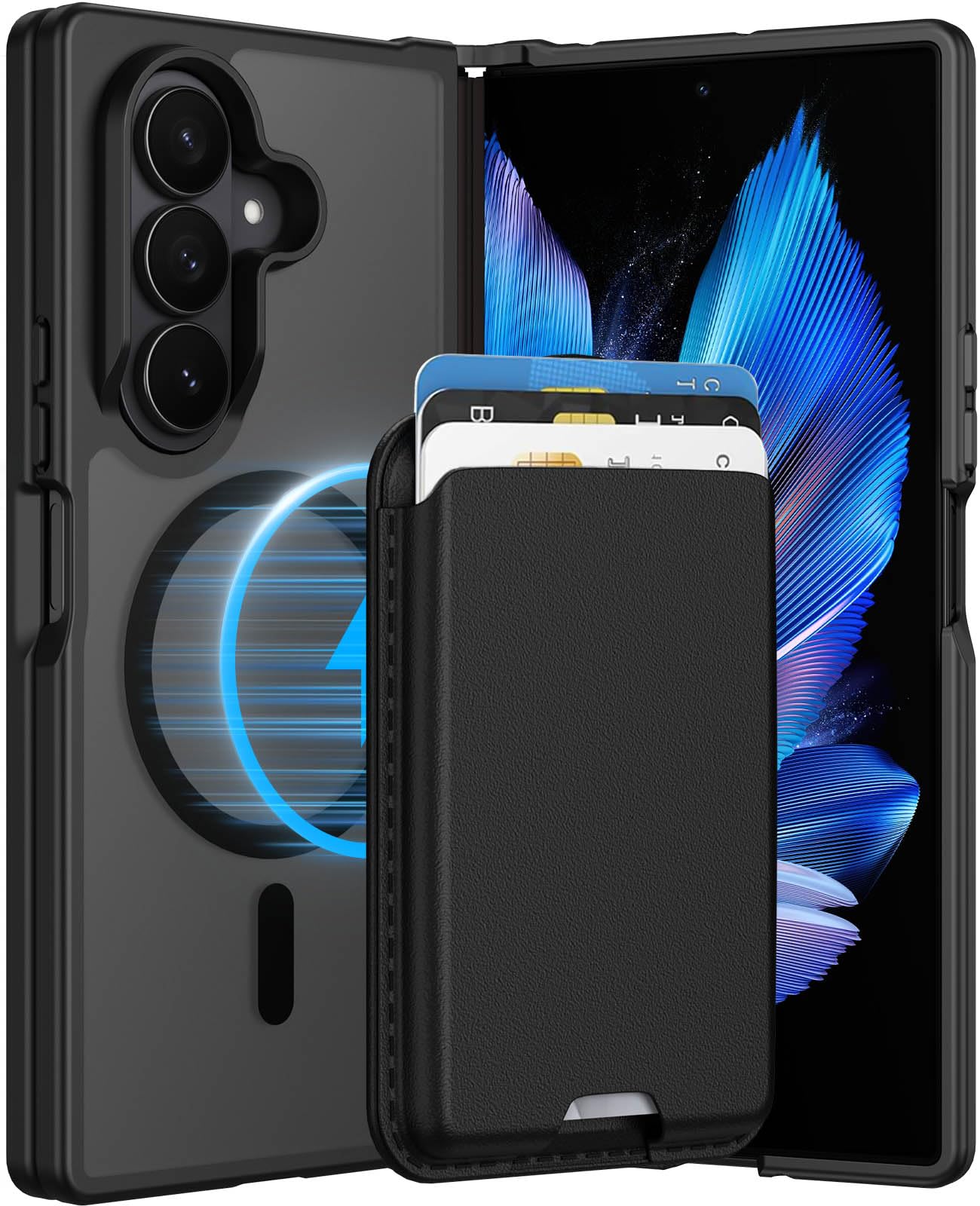 Ntwinro Magnetic for Samsung Galaxy Z Fold 7 Case with Card Holder, Slim Shockproof Phone Case with Detachable Wallet, Built-in Magnet Ring, Black