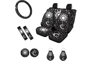WELLFLYHOM Moon Star and Sun Car Seat Cover Set Balck Car Accessories Car Front and Back Seat Covers Steering Wheel Cover Seatbelt Strap Cover Car Coaster Car Keychain Universal Fit Auto Truck SUV