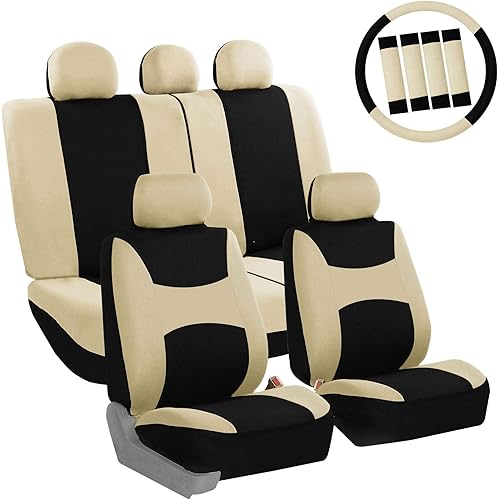 FH Group FB030BEIGEBLACK115-COMBO Seat Cover Combo Set with Steering Wheel Cover and Seat Belt Pad (Airbag Compatible and Split Bench Beige/Black)