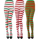Sumind 3 Pairs Christmas Striped Tights for Women Red White Green Striped Stockings Elf Tights Halloween Cosplay Elf Costume