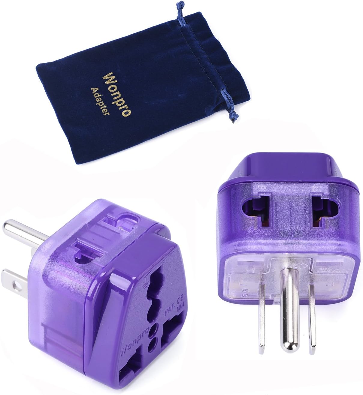 Wonpro Grounded 2 in 1 Travel Plug Adapter Type B for US, Canada, Japan - CE Certified - 2 Pack