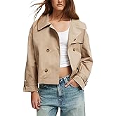 Kedera Cropped Trench Coat for Women Double Breasted Notched Lapel Casual Fall Jackets Loose Short Jacket Belted Cuffs