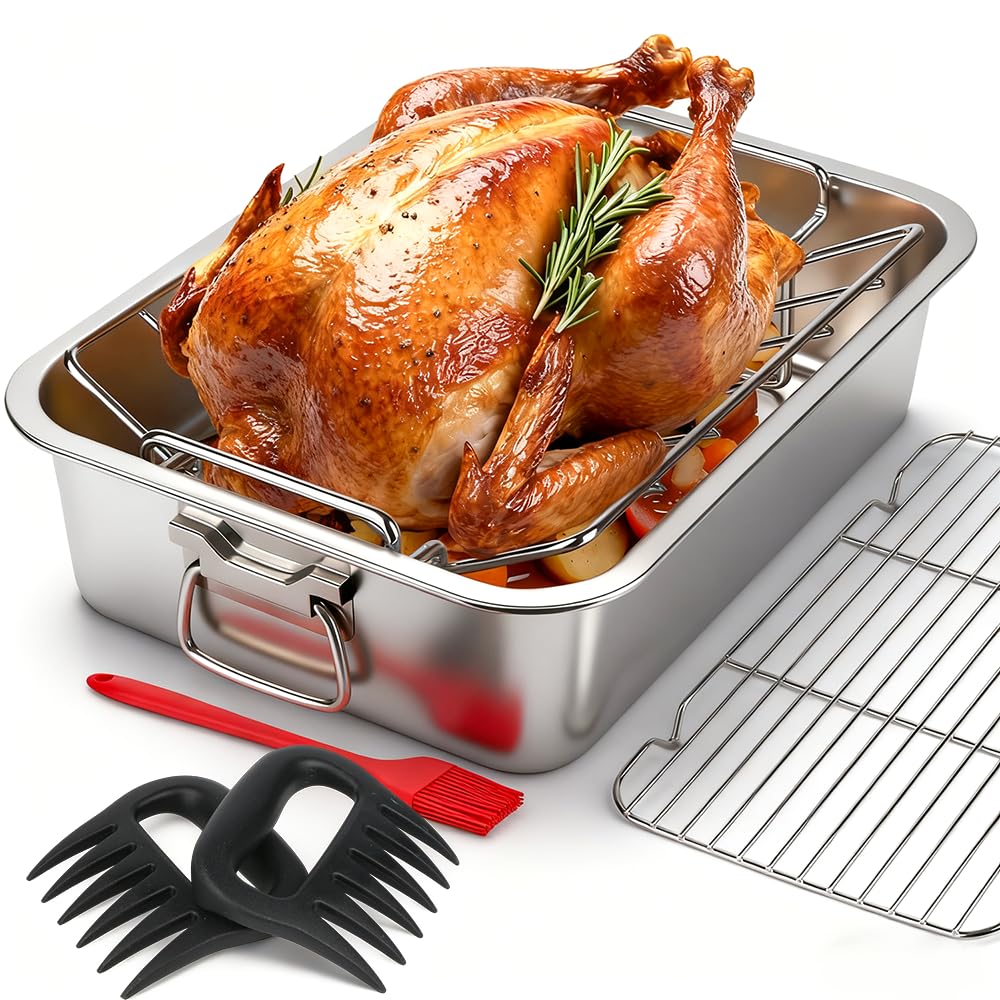 Photo 1 of 15.5 Inch Stainless Steel Roasting Pan with V-Shaped & Flat Cooling Rack, 6 PCS Set with Meat Claws Pastry Brush, Heavy Duty Deep Turkey Roaster Oven Safe Dishwasher Safe for Chicken Ham Lasagna