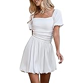 HYPERFIRE Women's Square Neck Short Puff Sleeve Bubble Dress Smocked Ruched Dresses Casual Wear