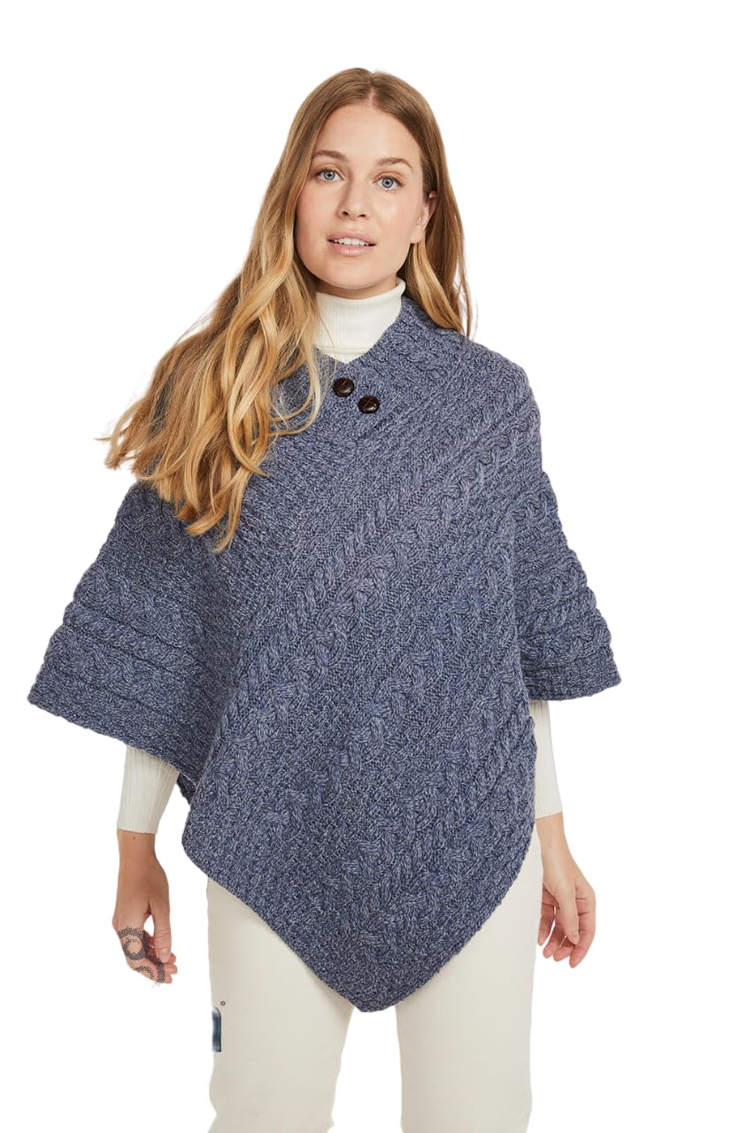 Carraig Donn 100% Merino Wool Cable Poncho with Aran Button Detail Denim Blue Colour