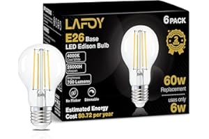 Lafoy Dimmable A19 E26 Light Bulbs 4000K Cool White, Globe Vintage LED Edison Bulbs, 6W Equal 60 Watt, 700 Lumen Base Neutral White, Standard Medium Base Clear Lightbulbs, 120V 6 Pack