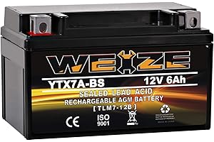 Weize YTX7A-BS High Performance - Maintenance Free - Sealed AGM Motorcycle Battery compatible with Gas Gy6 Scooter Moped 50CC 125CC