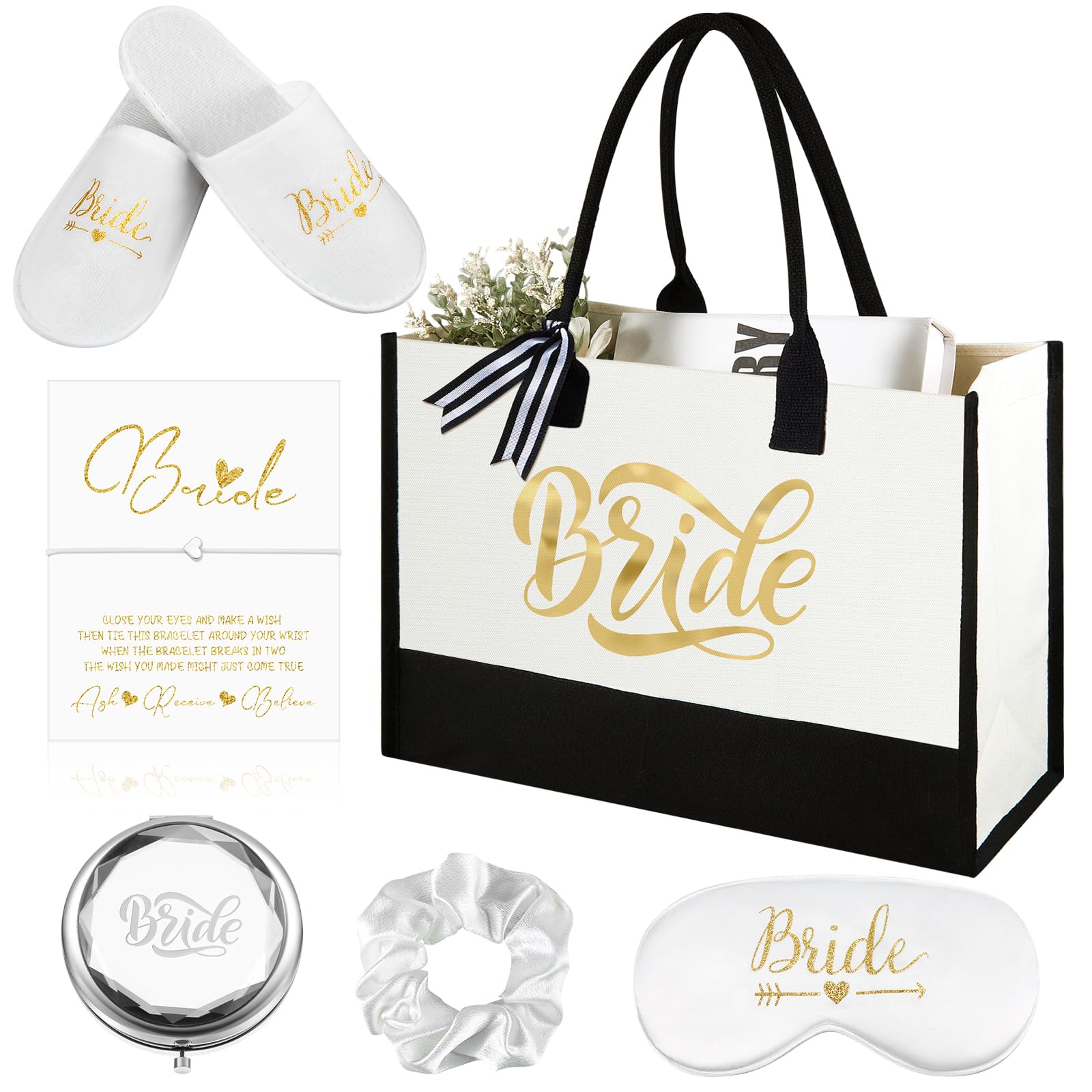 Hestya 6 Pcs Bride to Be Gifts Include Cosmetic Tote Bag, Bride Slippers, String Bracelet with Card, Makeup Mirror, White Scrunchie, Silk Eye Mask Wedding Engagement Party Travel Bridal Shower Gifts
