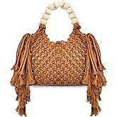 Handbags for Women, Hand-woven Knitted Cotton Handbags, Tassel Woven Bag, Wooden Bead Handle, Shoulder Bag for Beach Vacation(Khaki)