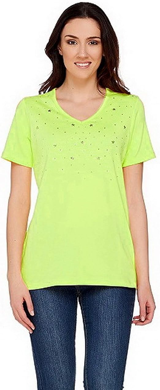 Quacker Factory Women's Stars and Studs Short Sleeve Vneck Top 358RM