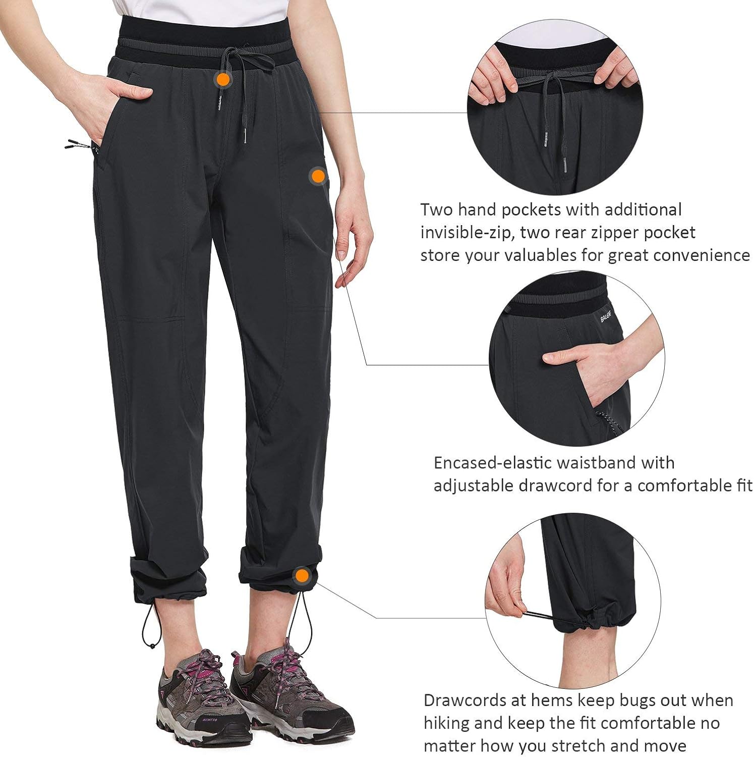 BALEAF Women's Hiking Pants Capri with Zipper Pockets Lightweight Quick Dry Elastic Band SPF 50+ Jogger Golf Pants : Clothing