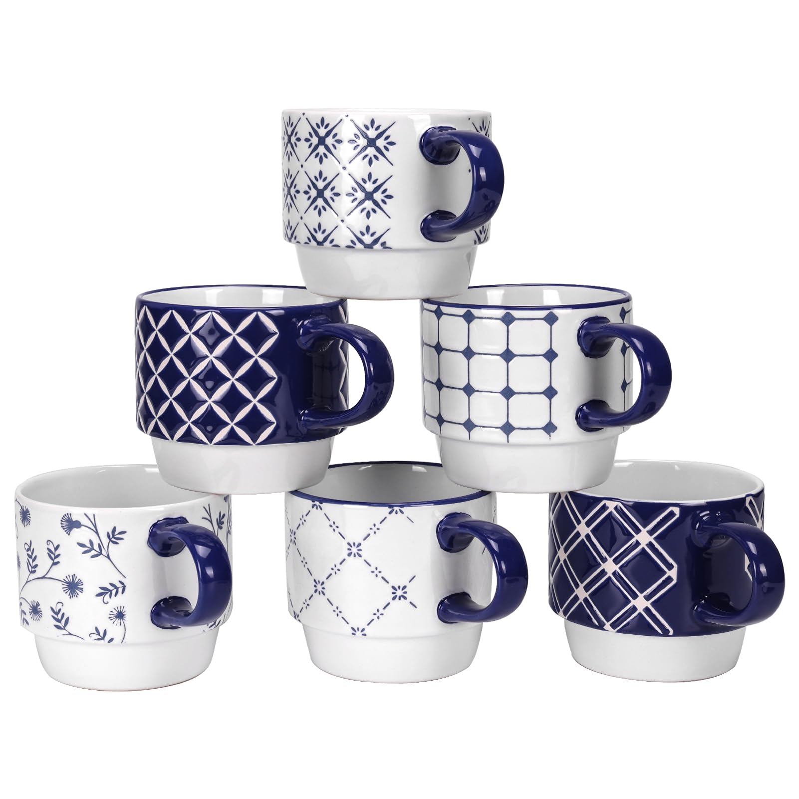 Photo 1 of *missing items/3 cups are missing* Schliersee 12 OZ Stackable Ceramic Coffee Mugs set of 6, Geometric Floral Pattern Small Mug, Blue White Porcelain Coffee Mug, Stacking Coffee Mugs, Tea Mug, Water Cup, Dishwasher Safe, Microwave Safe