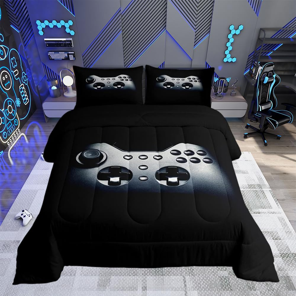 Loussiesd Teens Boys Duvet Insert Black Gamer Duvet Video Game Gamepad Print Bedding Set Gaming Duvet Game Controller Duvet Set Kids 2Piece 1 Duvet Insert with 1 Pillowcase (Single) — image 1
