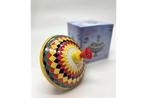 Classic Multicolour Spinning Tin Top Toy from KsmToys by Bolz. The Funny Buzzing Hum Gets Louder As The Top Spins Faster, 7.5" x 7.5" x 7.5" Ages 18 m+