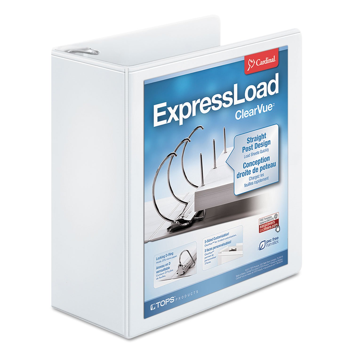Cardinal ExpressLoad 4 Inch D-Ring Binder, 750 Sheet Capacity, ClearVue Cover, Locking D-Rings, White Binder (49140)