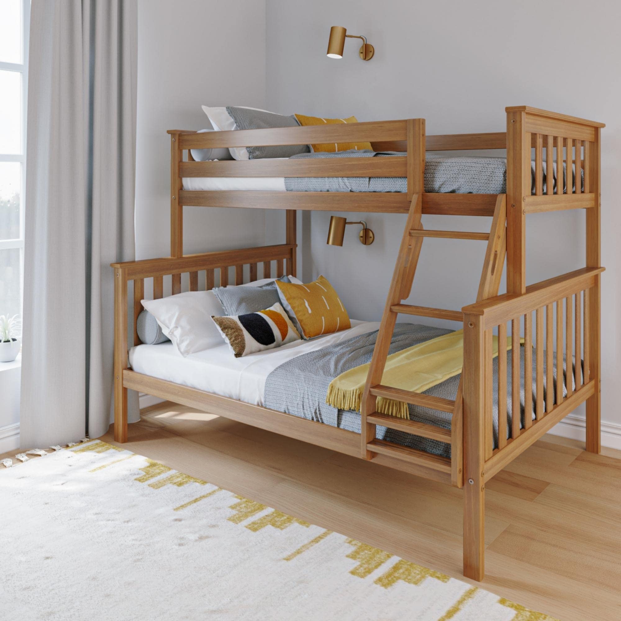 Photo 1 of Max & Lily Bunk Bed Twin Over Full Size with Ladder, Solid Wood Platform Bed Frame with Ladder for Kids, 14" Safety Guardrails, Easy Assembly, No Box Spring Needed, Pecan