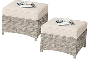 HOOOWOOO 2 Piece Patio Ottoman Set,Outdoor Wicker Ottomans,All Weather Resistant Rattan Deck Ottoman Matching Furniture(Beige Tan)