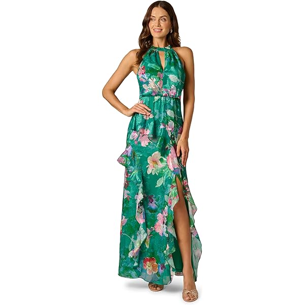 Amazon.com: Betsy & Adam Women's Elegant Long Chiffon Floral Dress with  Ruffle Detail and Tie Neck, Black/Teal Blue, 4 : Clothing, Shoes & Jewelry