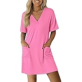 Ekouaer Nightgowns for Women Short Sleeve Sleep Shirt V Neck Night Gown With Pockets Soft Pajamas Dress Casual Sleepwear