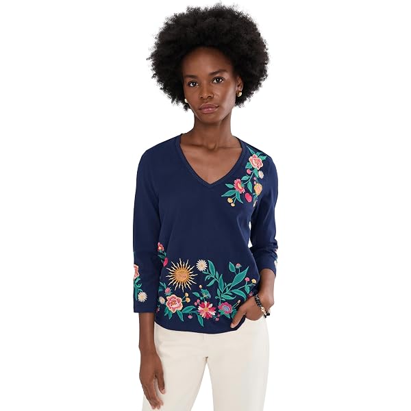 Johnny Was Womens 3/4 Sleeve Trapunto V-Neck Tee Gin Fizz XS One