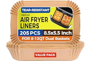 VAILND Air Fryer Paper Liners, 205 PCS Non-Stick Parchment Paper, 8.5-Inch Rectangle Disposable Air Fryer Liners for 8-12 QT Basket, Water-Proof & Oil-Proof Airfryer Liners for Baking, Roasting, Microwave