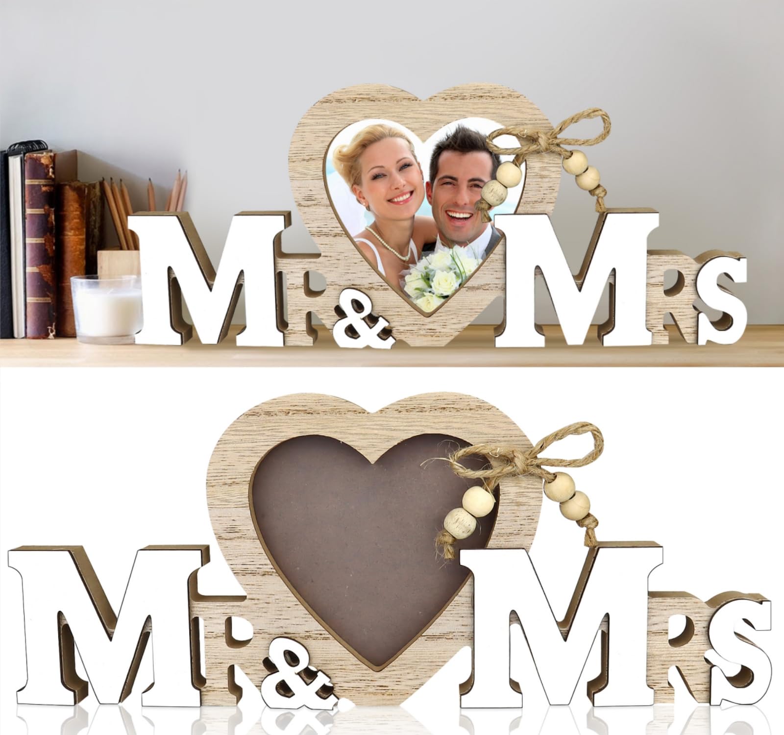 Mr & Mrs Picture Frame Wedding Anniversary Ornament Personalised Heart Photo Frame for for Bride and Groom Wood Wedding Picture Holder Photo Stand Newlywed Craft Family Ornament Couple Gifts