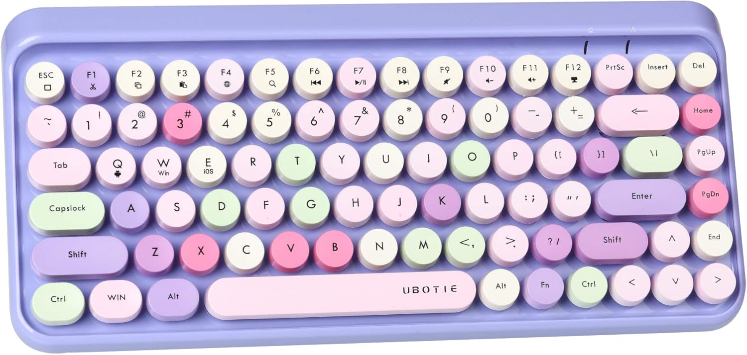 UBOTIE Portable Bluetooth Colorful Computer Keyboards, Wireless Mini Compact Retro Typewriter Flexible 84Keys Design Keyboard (Purple-Colorful)
