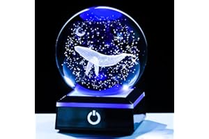 YWHL 80mm 3D Engraved Whale Crystal Ball with LED Base, Glass Sea Animal Sphere Whale Figurine Decoration Crystal Whale Night Light Gifts for Men Women Friends