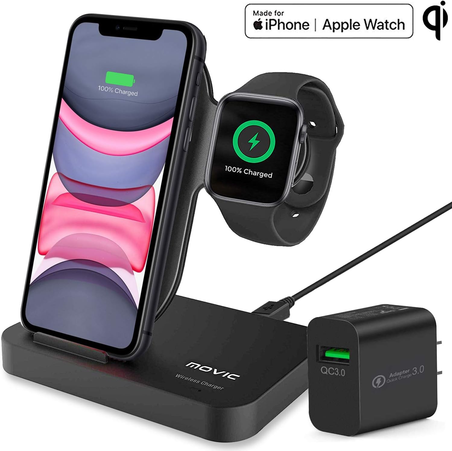 MOVIC 2 in 1 Qi-Wireless Fast Charging Station Pad for iWatch Series 1/2/3/4 iPhone 8/X/XS/XR, Samsung Galaxy and All Qi Enabled Devices MFi-Certified 2019 (Upgraded 2019)(Black)