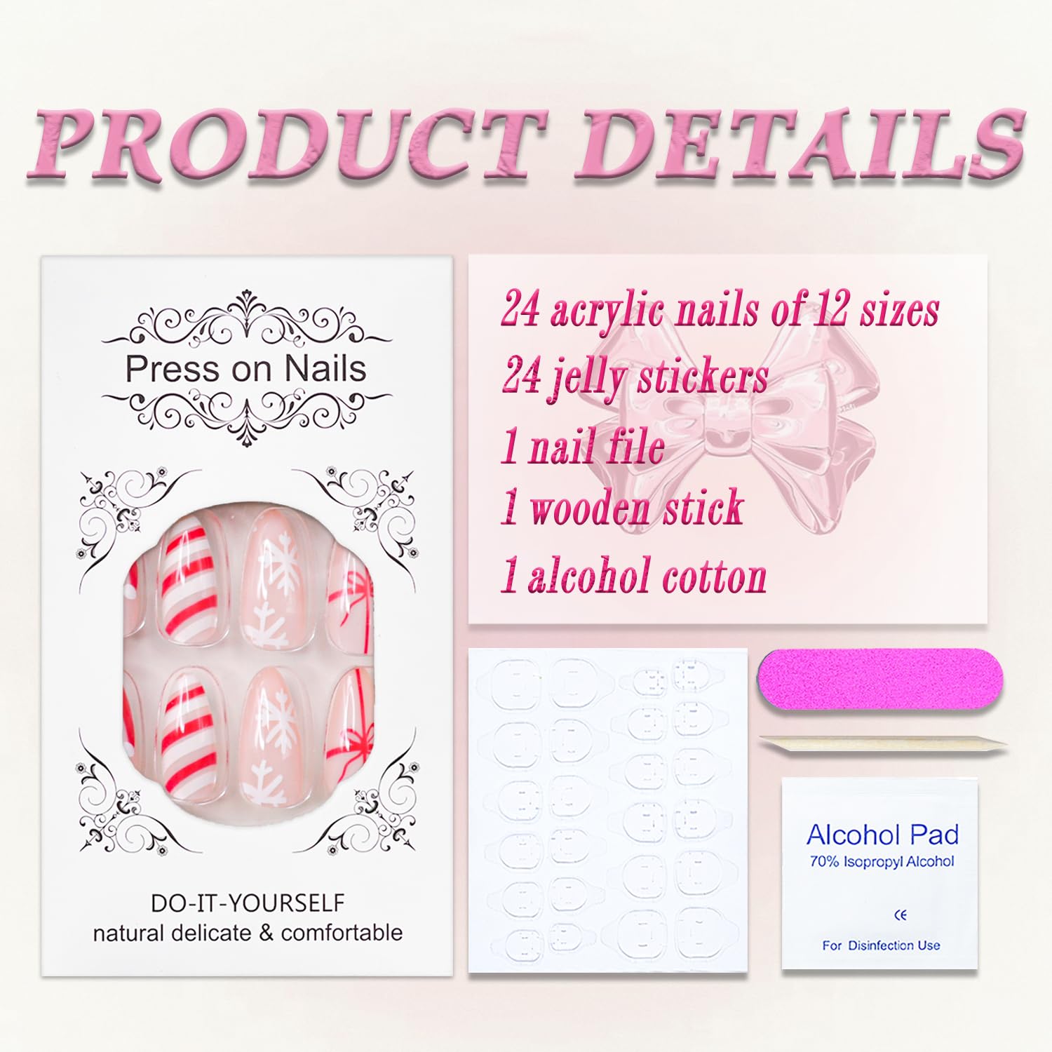 Christmas Press on Nails Medium Almond MABKJLF Red French Tip Fake Nails False Nails with Designs Cute Christmas Hat Snowflake Bow Glossy Glue on Nails for Women Girls 24 Pcs - Image 5