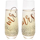 Juvale Mr & Mrs Champagne Flutes Set of 2-10 oz, 6 in, Clear Stemless Glass - Bridal Shower & Wedding Registry Gifts - Engagement Gift & Bride & Groom Glasses