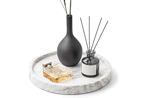 WORHE Natural Marble Decorative Tray for Bathroom Bedroom Kitchen Dresser, Round Vanity Trays for Jewelry, Perfume, Cosmetic, Candle, Countertop Storage Organizer for Home Decor Color White (TP601)