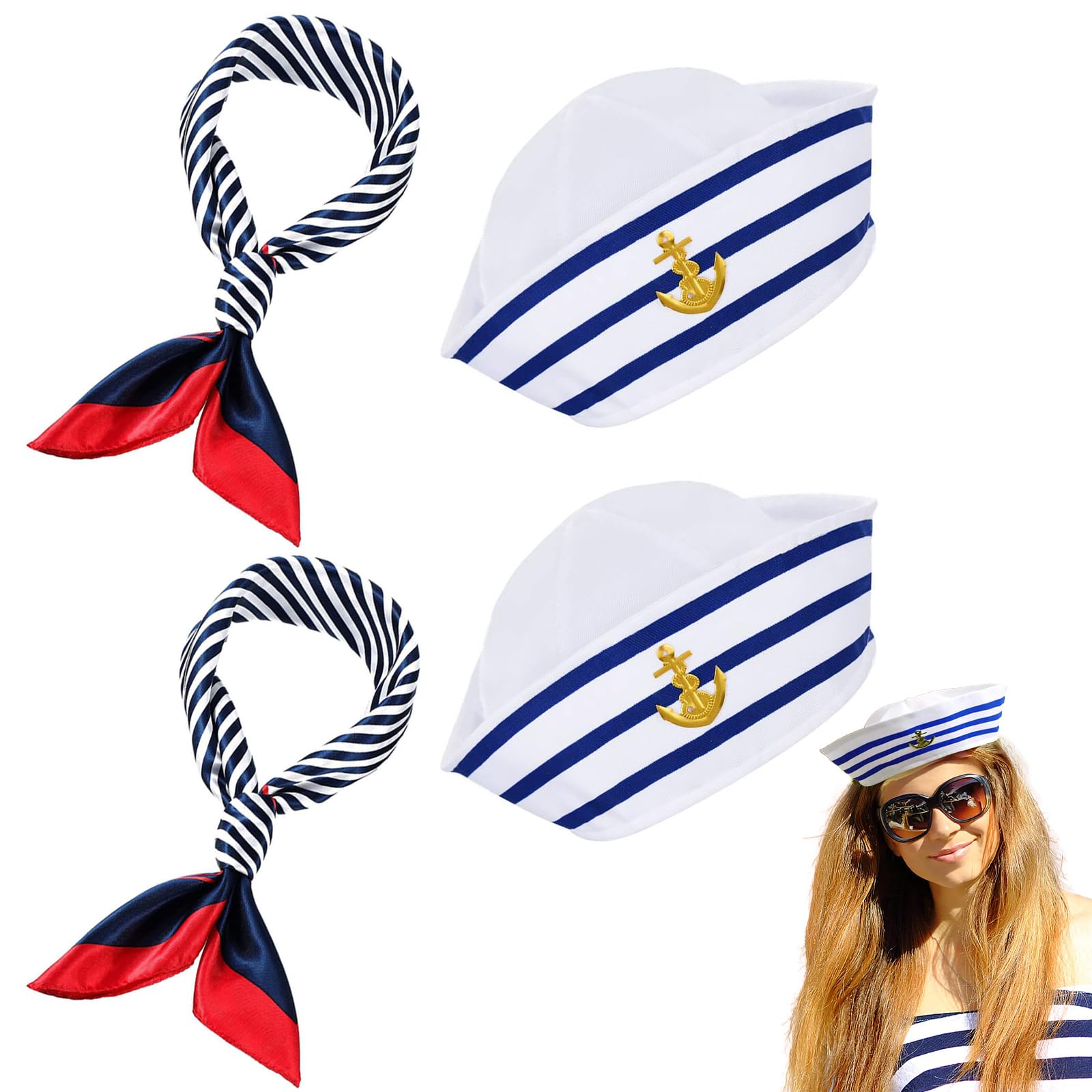 CarPlusStudio Sailor Hat Set - Striped Captain Hats with Navy Scarves, Perfect for Men and Women, One Size, Ideal for Nautical Parties