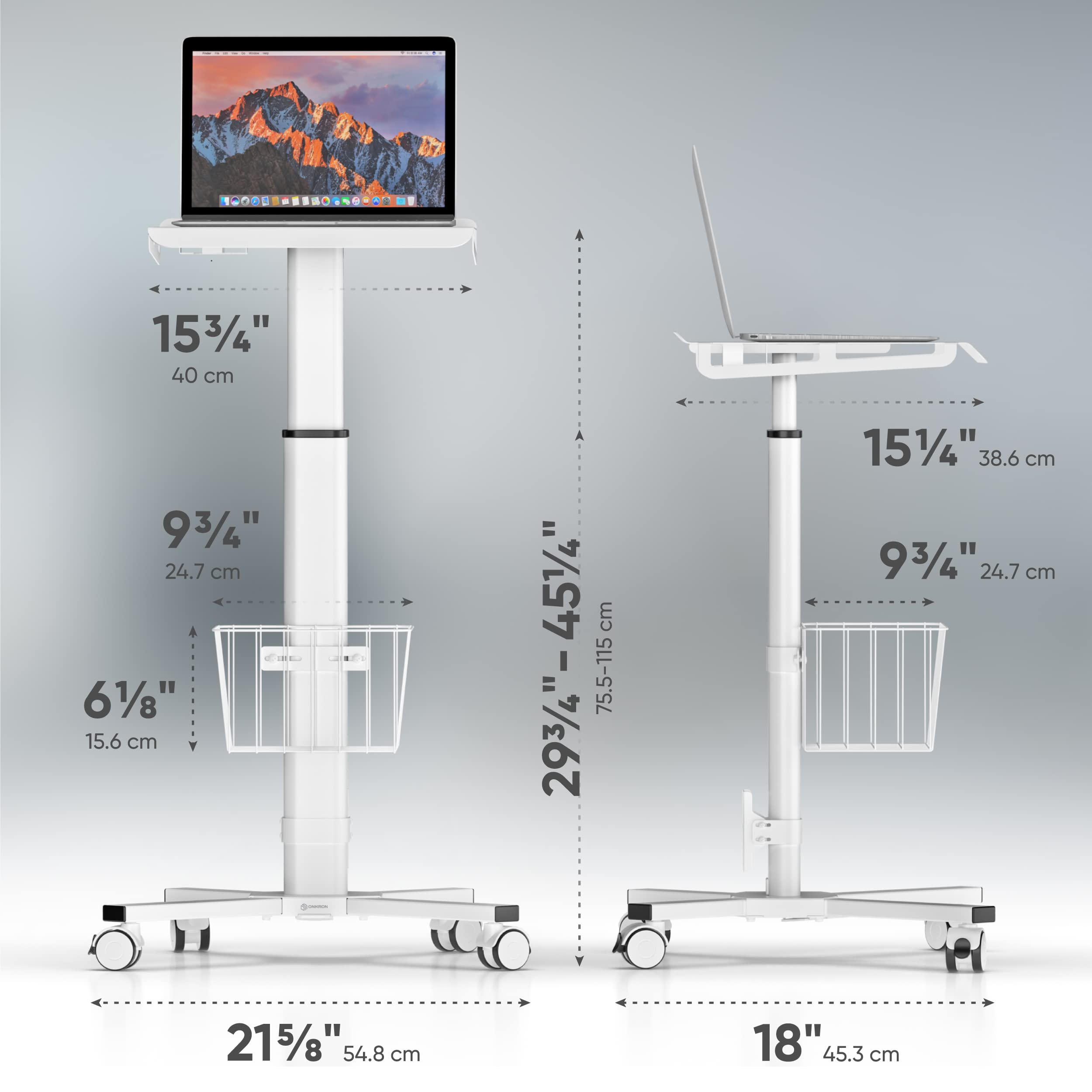 ONKRON Mobile Laptop Cart on Wheels with Load up to 17.6 lbs, Height Adjustable Side Table with Wheels & Storage, Portable Workstation for Laptop/Small Rolling Desk for Couch White