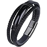 Mrcaois Mens Black Leather Obsidian/Turquoise/Tiger Eye/Red Agate Bracelet–Braided Multi‑Layer Wristband Cuff Bangle Bracelet with Stainless Steel Clasp Gift Jewelry Box Included-8.3in