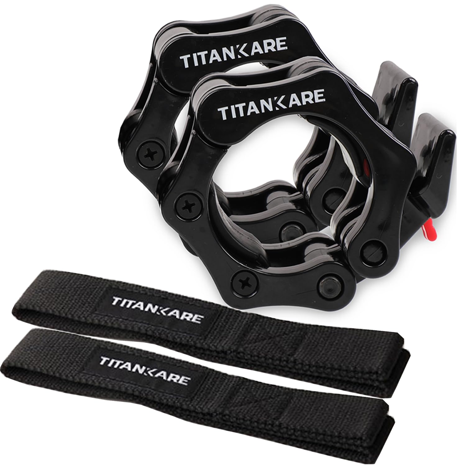 TITANKARE Olympic Barbell Clips Combo - 2 Inch Barbell Clamps and Wrist Support Straps, Gym Barbell Bar Accessories, Locking Barbell Collars for Fitness Weightlifting, Quick Release Weight Bar Clips