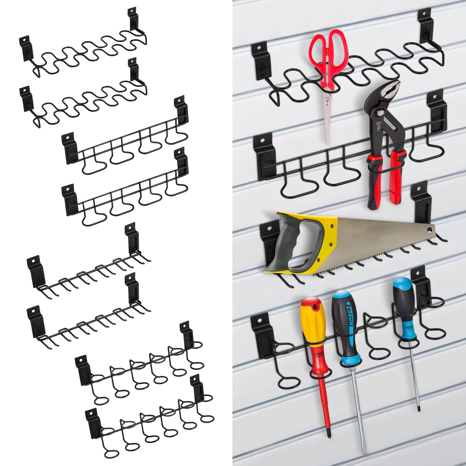 Photo 1 of MOJIEZUO 8 Pcs Slatwall Screwdriver Holder Tool Hangers Stainless Steel Slat Wall Hooks Accessories Shelving Display Four Tool Organizer Racks Holder for Craft Room, Workbench, Garage Shop, 4 Style