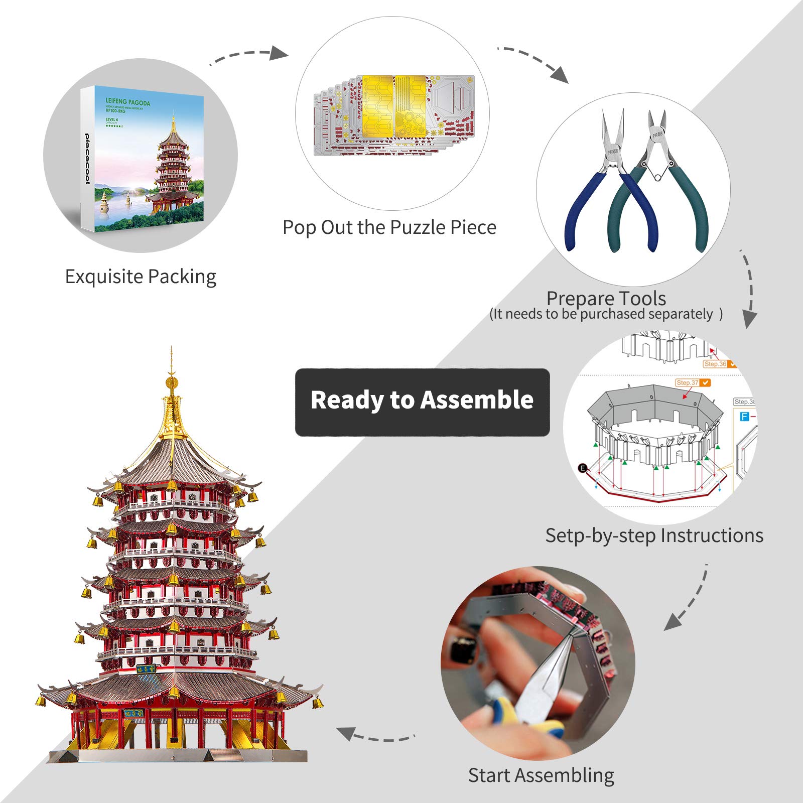 Piececool 3D Metal Puzzle Model Kits- Leifeng Pagoda Metal Model Kits for Adults, Chinese Traditional Architecture Building Kits DIY Brain Teaser Puzzles Gifts for Teens Family- 796 Pcs