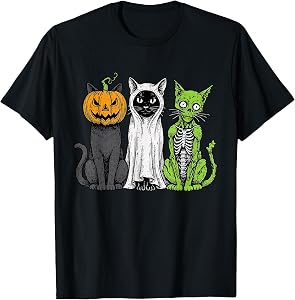 Skeleton Cat Pumpkin Ghost Halloween Kitty Meow Girl Boy Kid T-Shirt