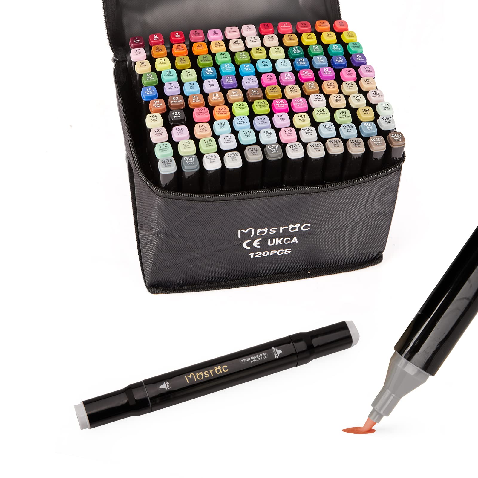 Mosrac Alcohol Based Markers Set,Professional Cheap Dual Tip Brush&Broad for Artists&Adult&Kids,Colorless Blender for Coloring Permanent Ink 121 Colors with Case（non free flowing mark pen）