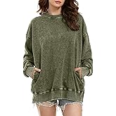 Wyeysyt Oversized Sweatshirt for Women Crewneck Cotton Sweatshirts Vintage Acid Wash Baggy Pullover with Pocket Y2k